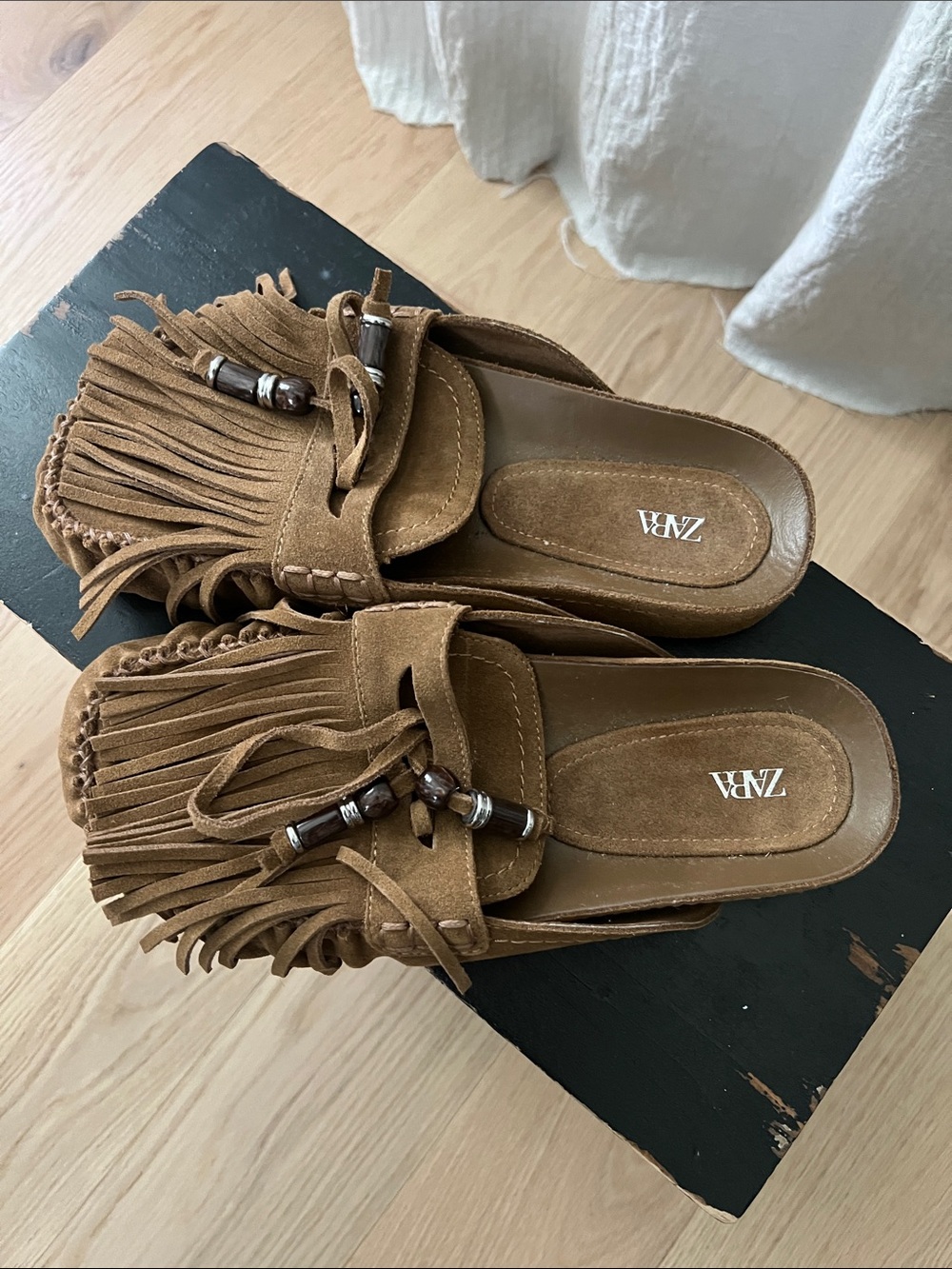Zara Tan Suede Fringe Slide Mules with Bead Detail
